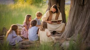 happy jesus sits clearing summer tree reading book smiling with children 177786 9641